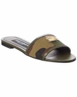 Dolce & Gabbana Logo Canvas & Leather Sandal Women Flat Sandals